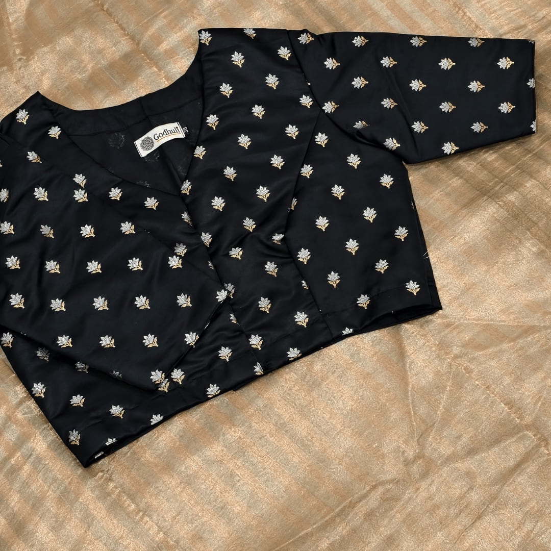 Black Zari Floral Motif Satin Silk Brocade Readymade Blouse | Godhuli