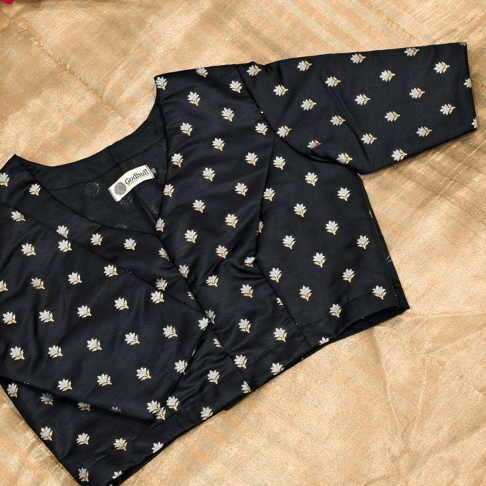 Black Zari Floral Motif Satin Silk Brocade Readymade Blouse | Godhuli