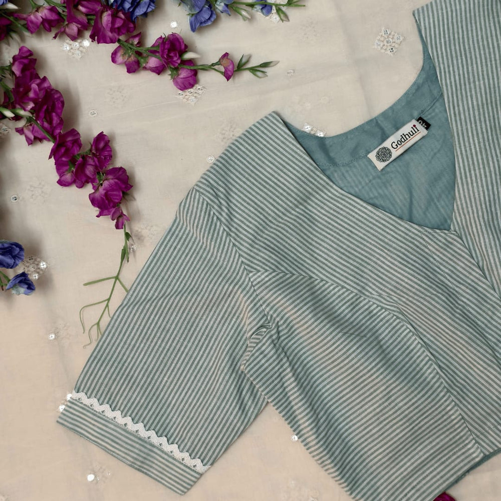 Blue White Oxford Stripes Readymade Blouse | Godhuli