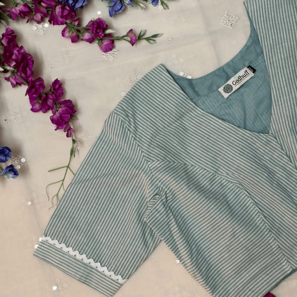 Blue White Oxford Stripes Readymade Blouse | Godhuli