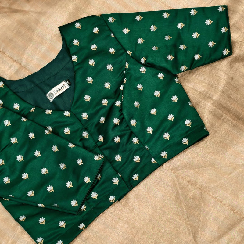 Bottle Green Zari Floral Motif Satin Silk Brocade Readymade Blouse | Godhuli