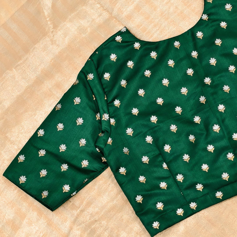 Bottle Green Zari Floral Motif Satin Silk Brocade Readymade Blouse | Godhuli