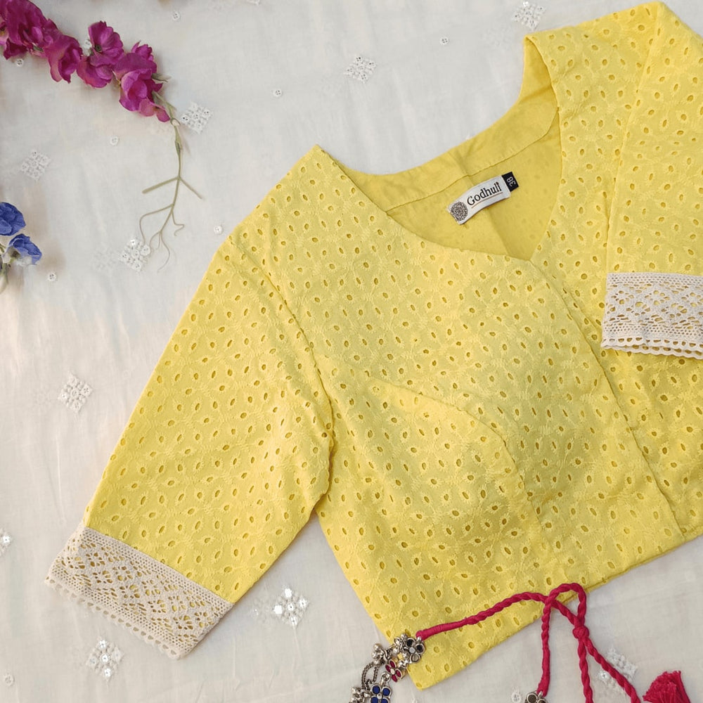 Butter Yellow Cut Work Embroidered Readymade Blouse | Godhuli