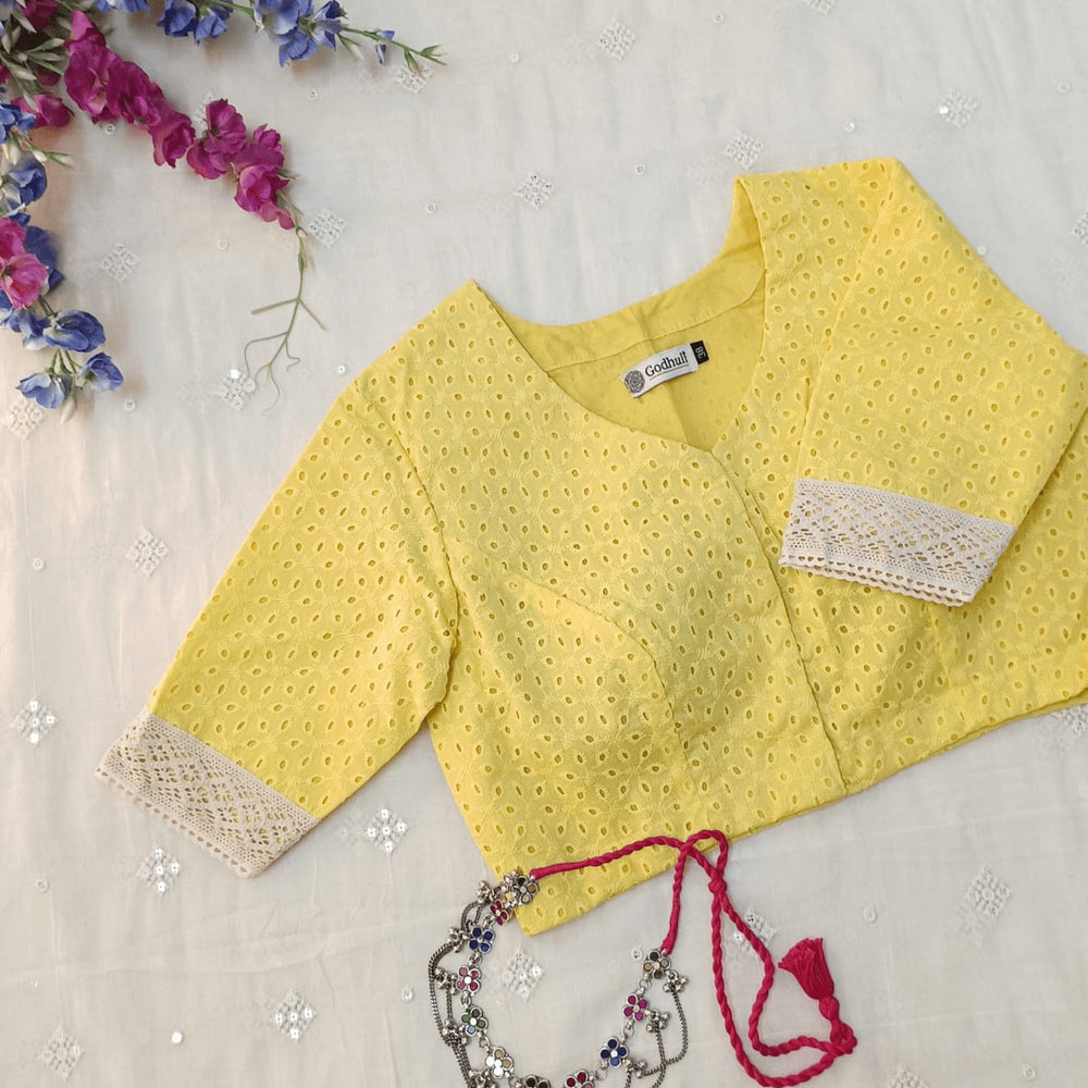 Butter Yellow Cut Work Embroidered Readymade Blouse | Godhuli