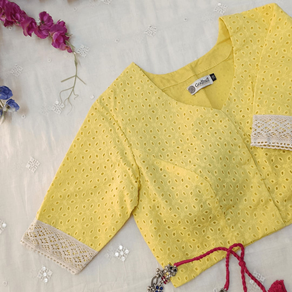 Butter Yellow Cut Work Embroidered Readymade Blouse | Godhuli
