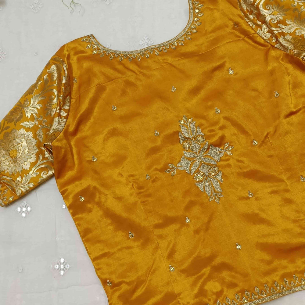 Mango Yellow Gaji Silk Aari Work Readymade Blouse | Godhuli