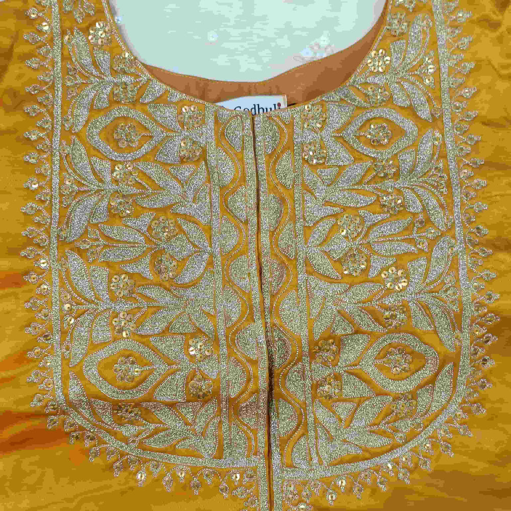 Mango Yellow Gaji Silk Aari Work Readymade Blouse | Godhuli