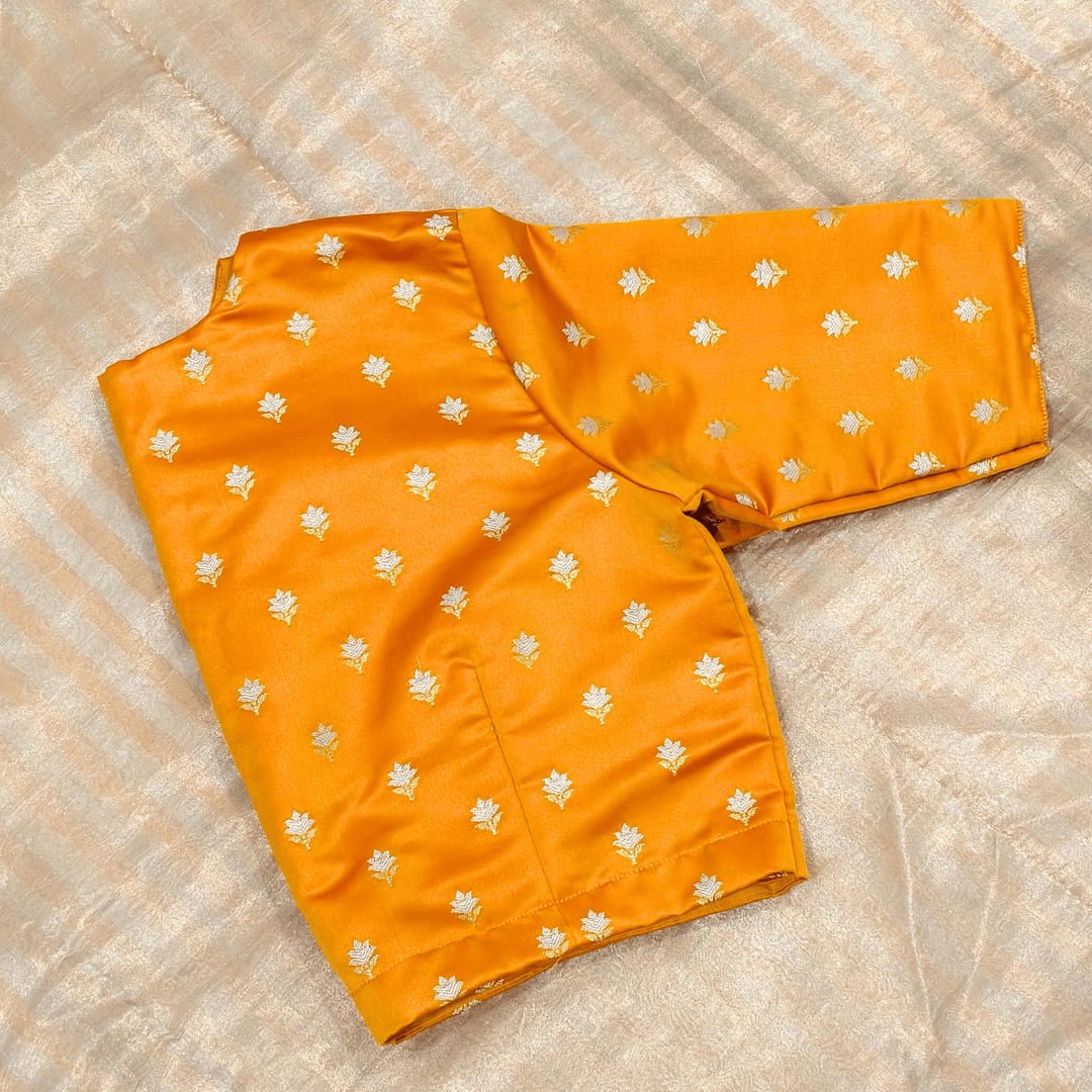 Mango Yellow Zari Floral Motif Satin Silk Brocade Readymade Blouse | Godhuli