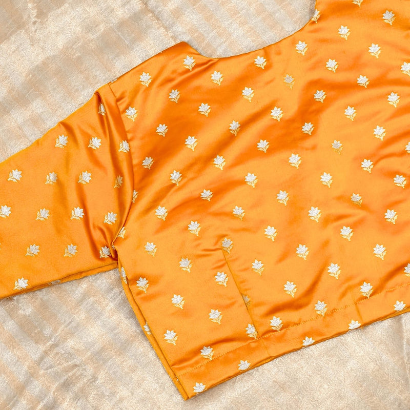 Mango Yellow Zari Floral Motif Satin Silk Brocade Readymade Blouse | Godhuli