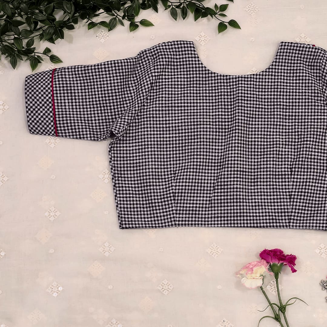 Monochrome Gingham Peter Pan Collar Readymade Blouse | Godhuli