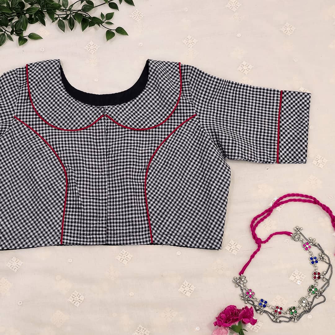 Monochrome Gingham Peter Pan Collar Readymade Blouse | Godhuli