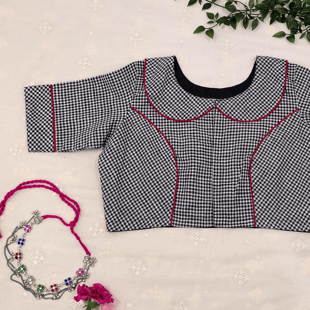 Monochrome Gingham Peter Pan Collar Readymade Blouse | Godhuli
