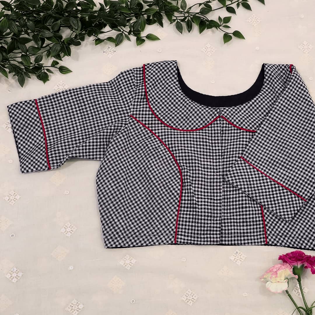 Monochrome Gingham Peter Pan Collar Readymade Blouse | Godhuli