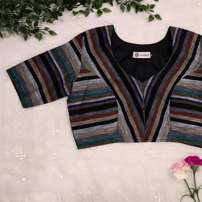 Multicolored Black slub Readymade Blouse with Stripes | Godhuli