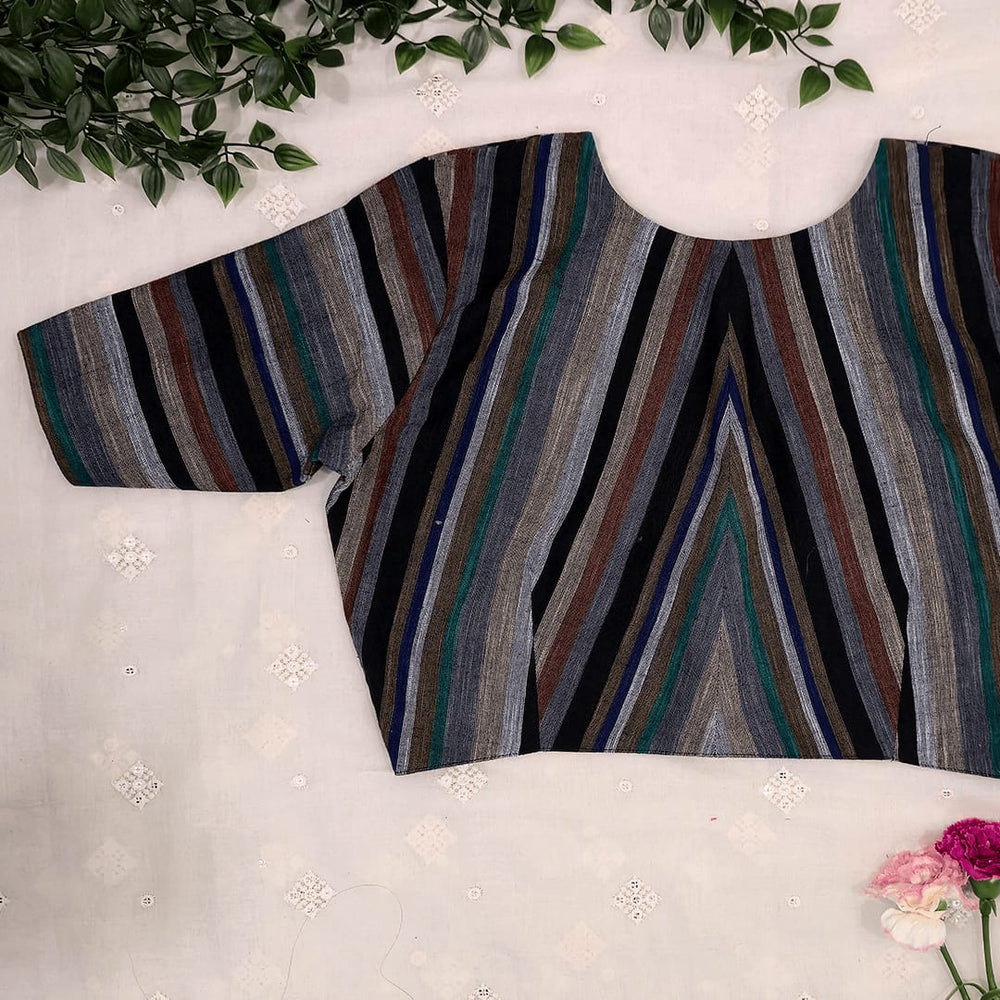 Multicolored Black slub Readymade Blouse with Stripes | Godhuli
