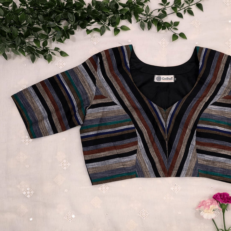 Multicolored Black slub Readymade Blouse with Stripes | Godhuli
