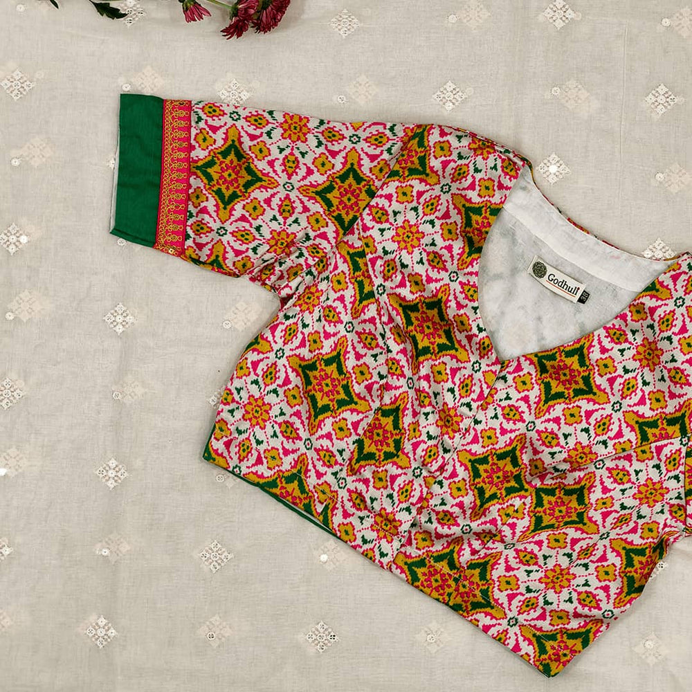Patola Print White Gaji Silk Readymade Blouse | Godhuli