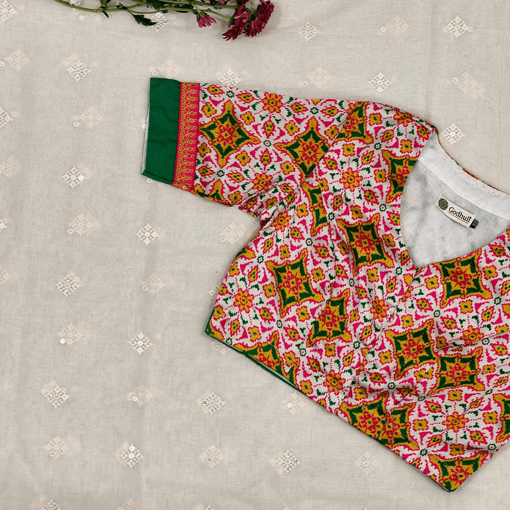 Patola Print White Gaji Silk Readymade Blouse | Godhuli