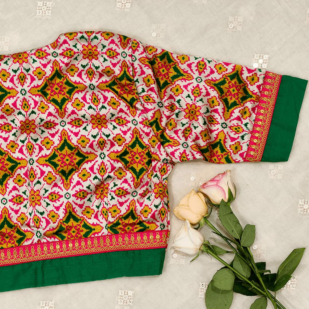 Patola Print White Gaji Silk Readymade Blouse | Godhuli