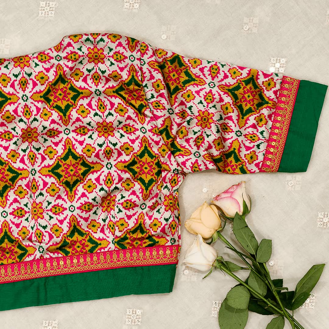 Patola Print White Gaji Silk Readymade Blouse | Godhuli