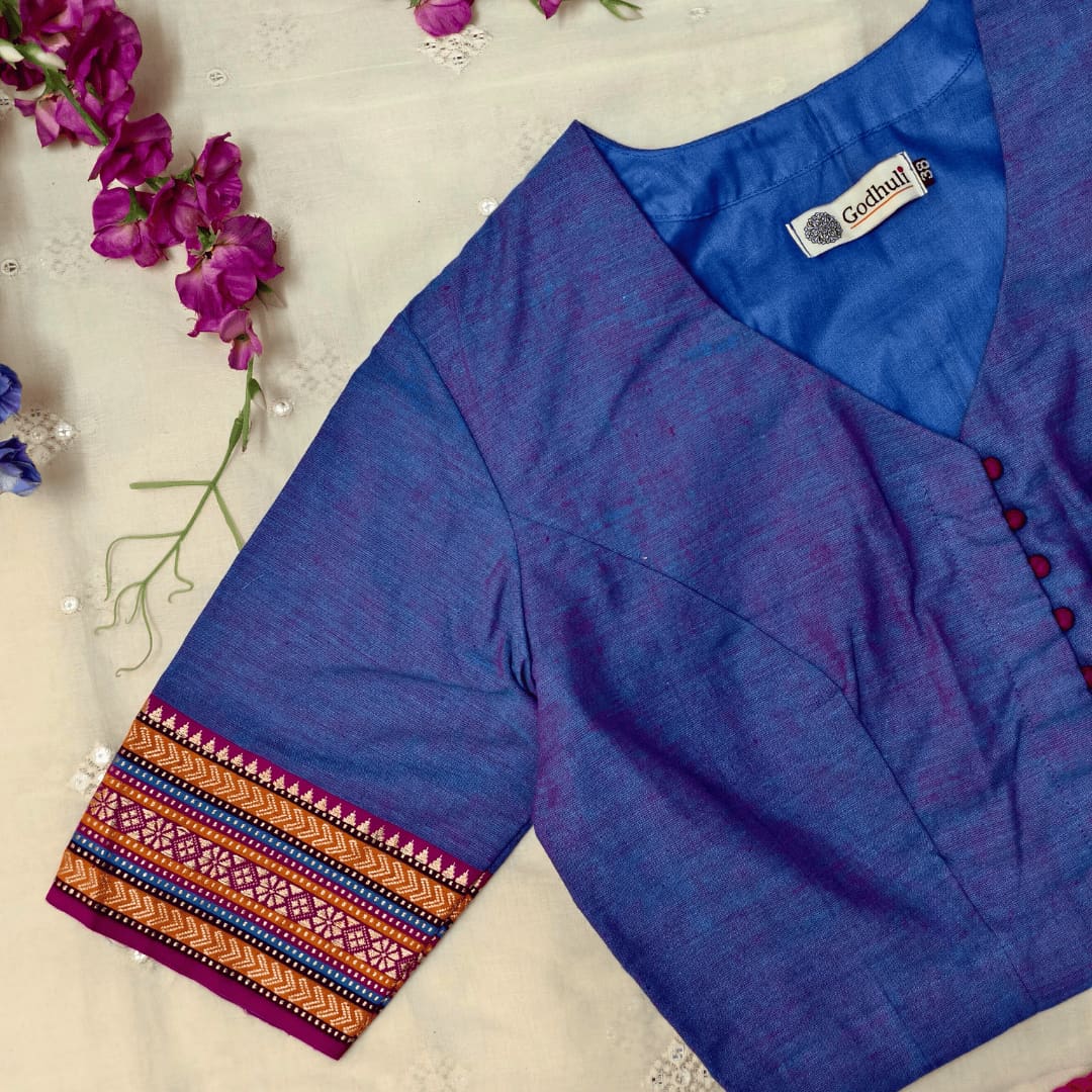 Purplish blue Narayanpet Border Readymade Blouse | Godhuli