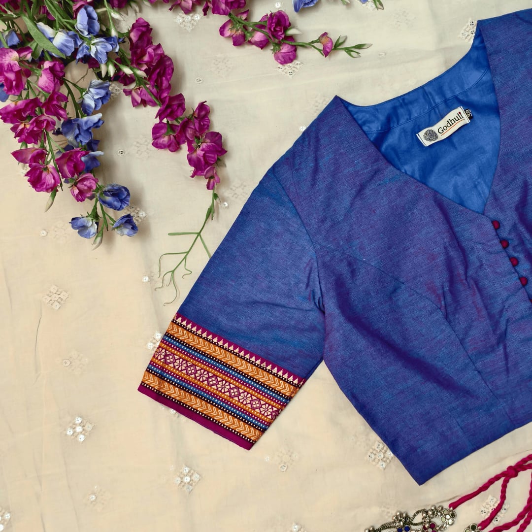 Purplish blue Narayanpet Border Readymade Blouse | Godhuli