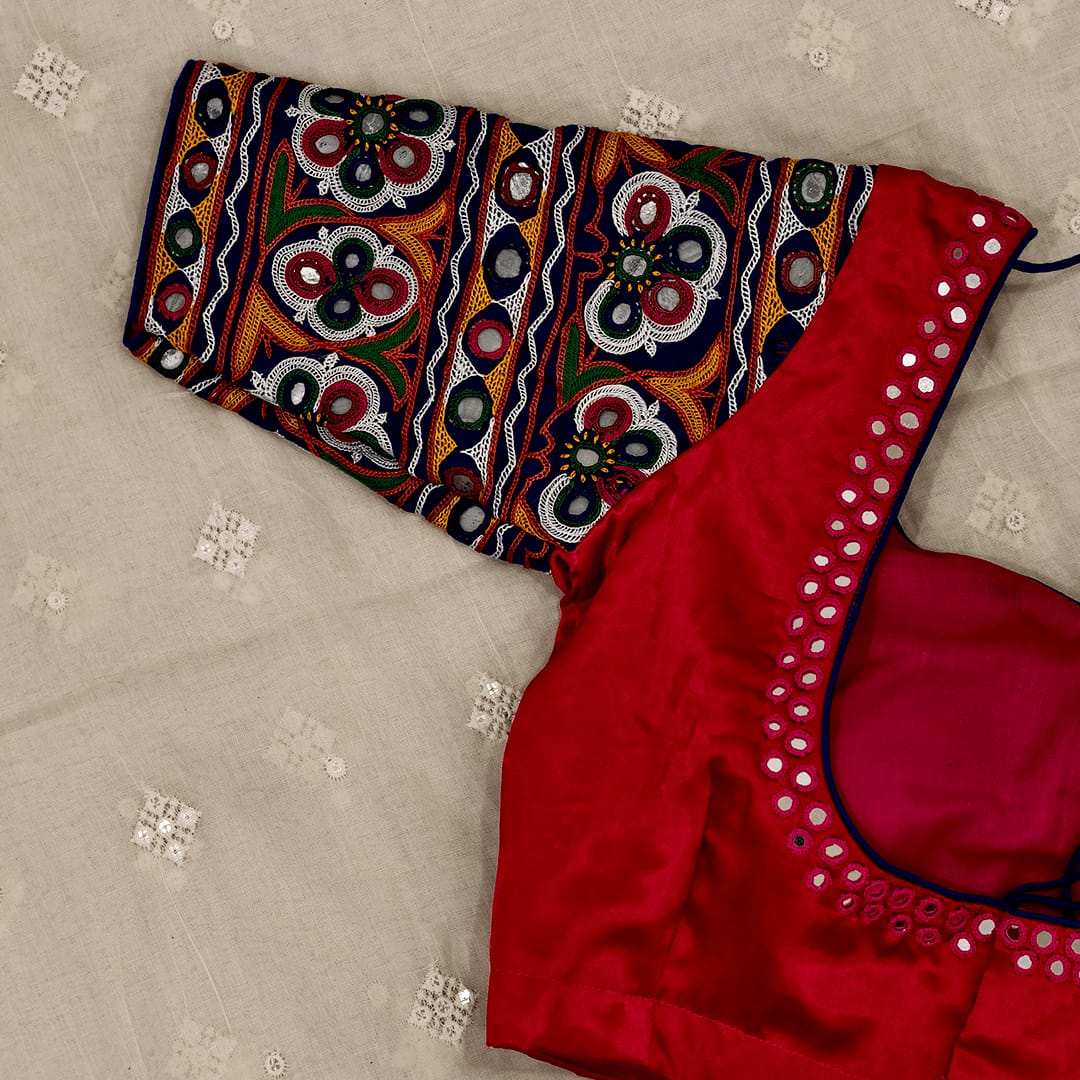 Rani Gaji Mirror work Readymade Blouse with Royal blue Kutchi Work Sleeves | Godhuli