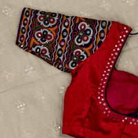 Rani Gaji Mirror work Readymade Blouse with Royal blue Kutchi Work Sleeves | Godhuli