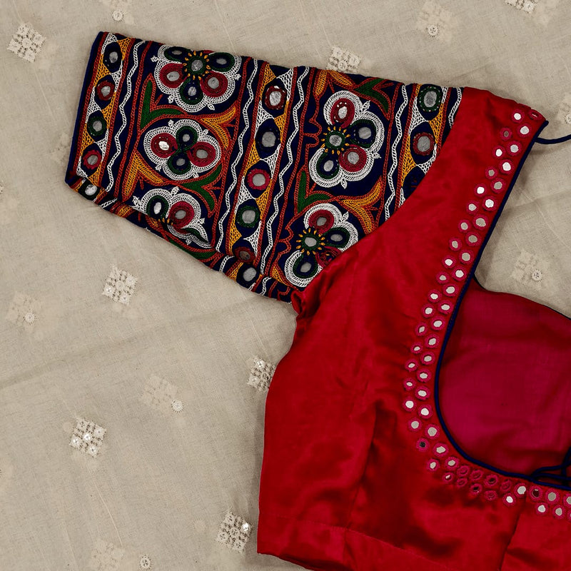 Rani Gaji Mirror work Readymade Blouse with Royal blue Kutchi Work Sleeves | Godhuli
