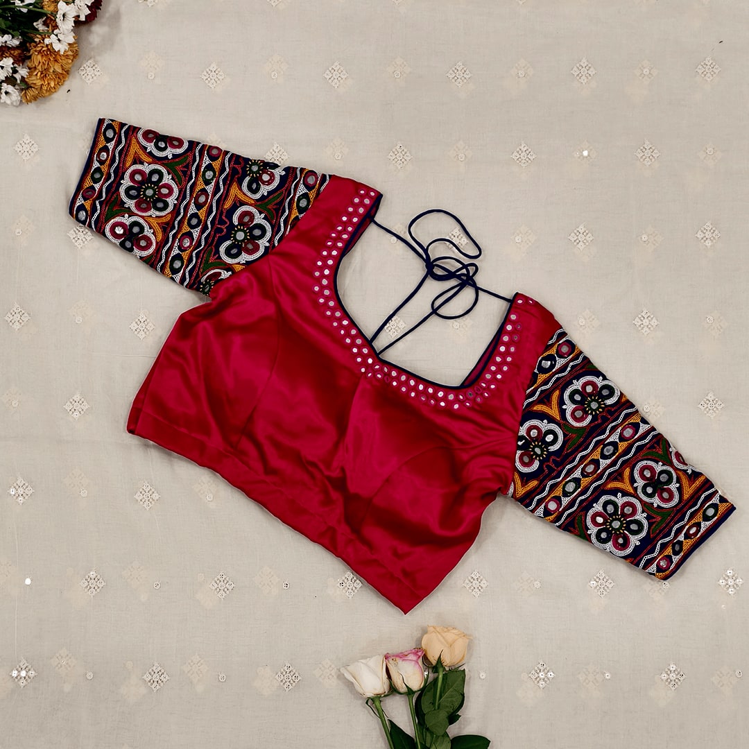 Rani Gaji Mirror work Readymade Blouse with Royal blue Kutchi Work Sleeves | Godhuli