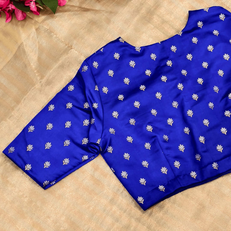 Royal Blue Zari Floral Motif Satin Silk Brocade Readymade Blouse | Godhuli