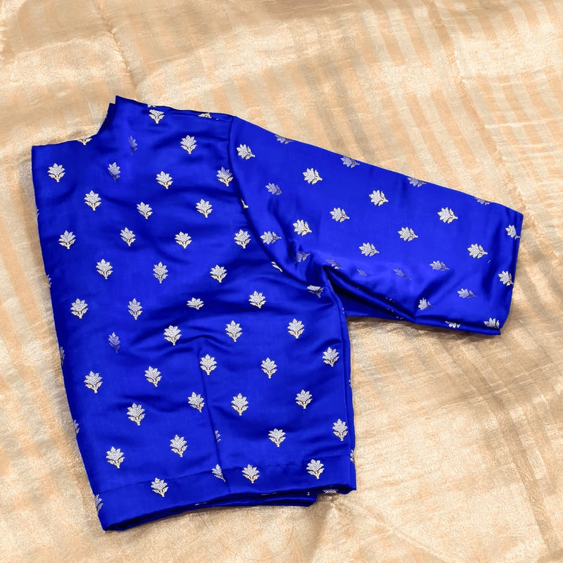 Royal Blue Zari Floral Motif Satin Silk Brocade Readymade Blouse | Godhuli