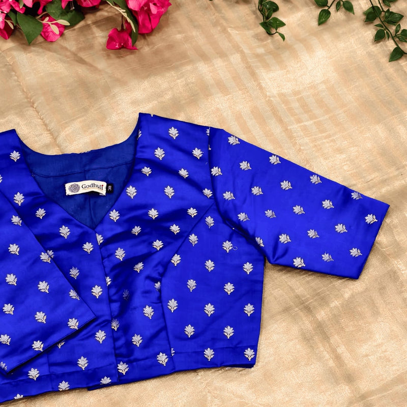 Royal Blue Zari Floral Motif Satin Silk Brocade Readymade Blouse | Godhuli