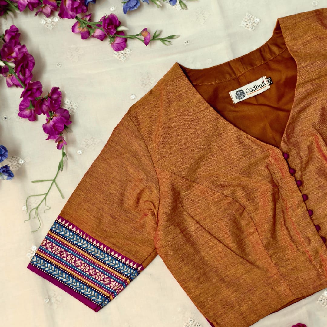 Rust orange Narayanpet Border Readymade Blouse | Godhuli