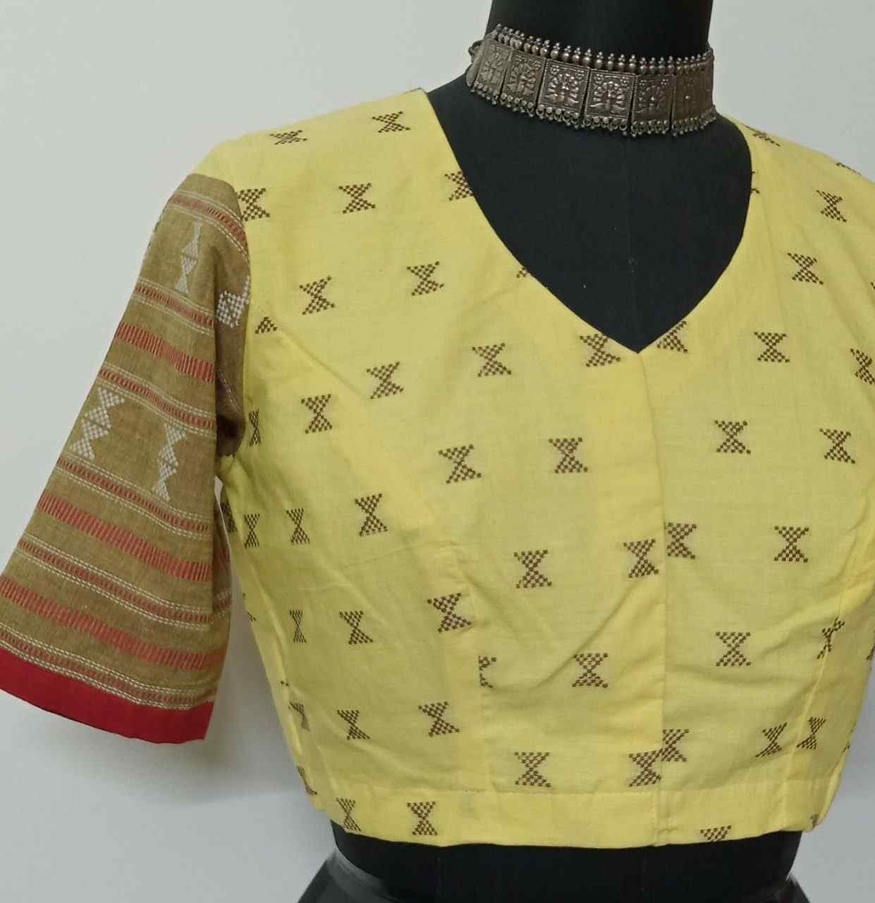 Lemon Yellow Colour Jacquard Readymade Blouse | Godhuli