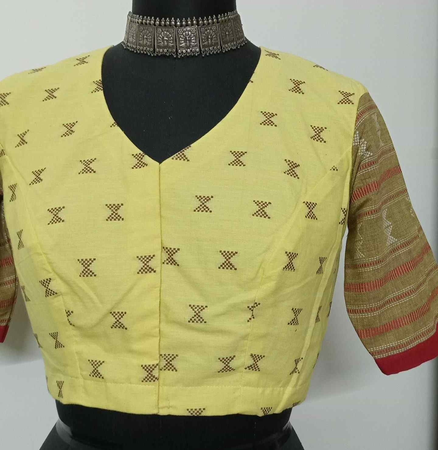 Lemon Yellow Colour Jacquard Readymade Blouse | Godhuli