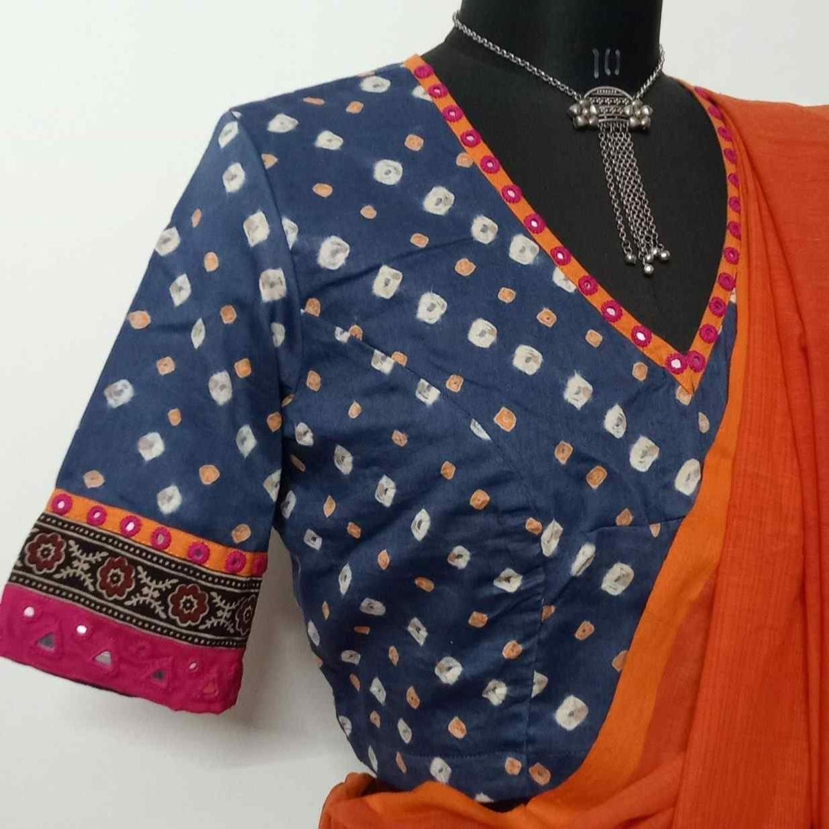 Prussian Blue Grey Bandhani Readymade Blouse with Mirror Work | Godhuli