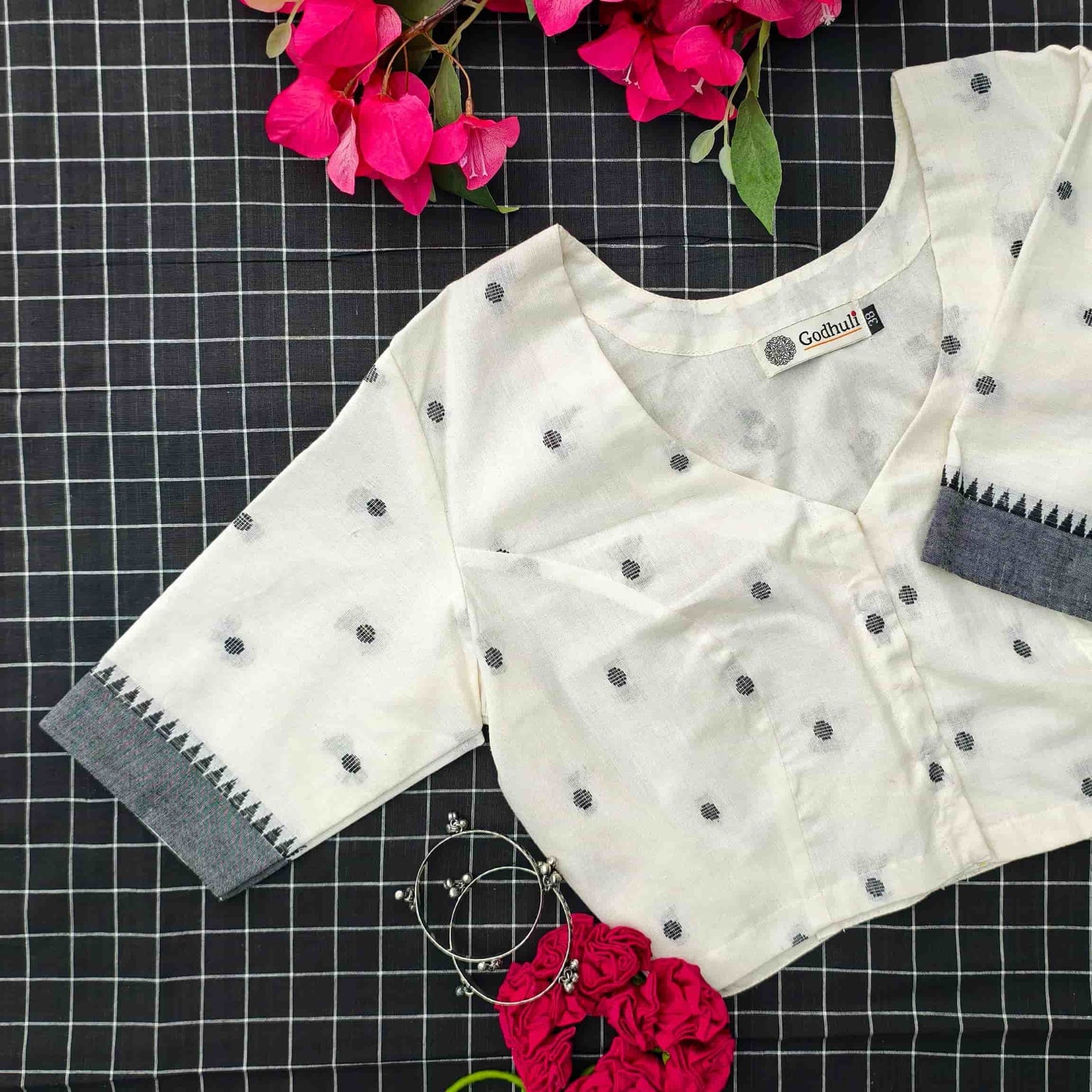 Off White Jacquard Dot Readymade Blouse | Godhuli