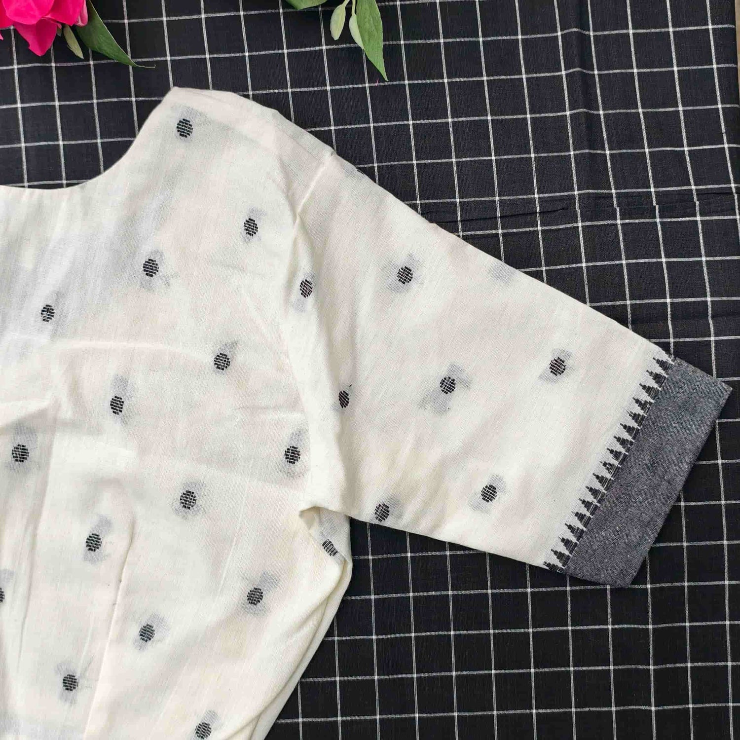 Off White Jacquard Dot Readymade Blouse | Godhuli
