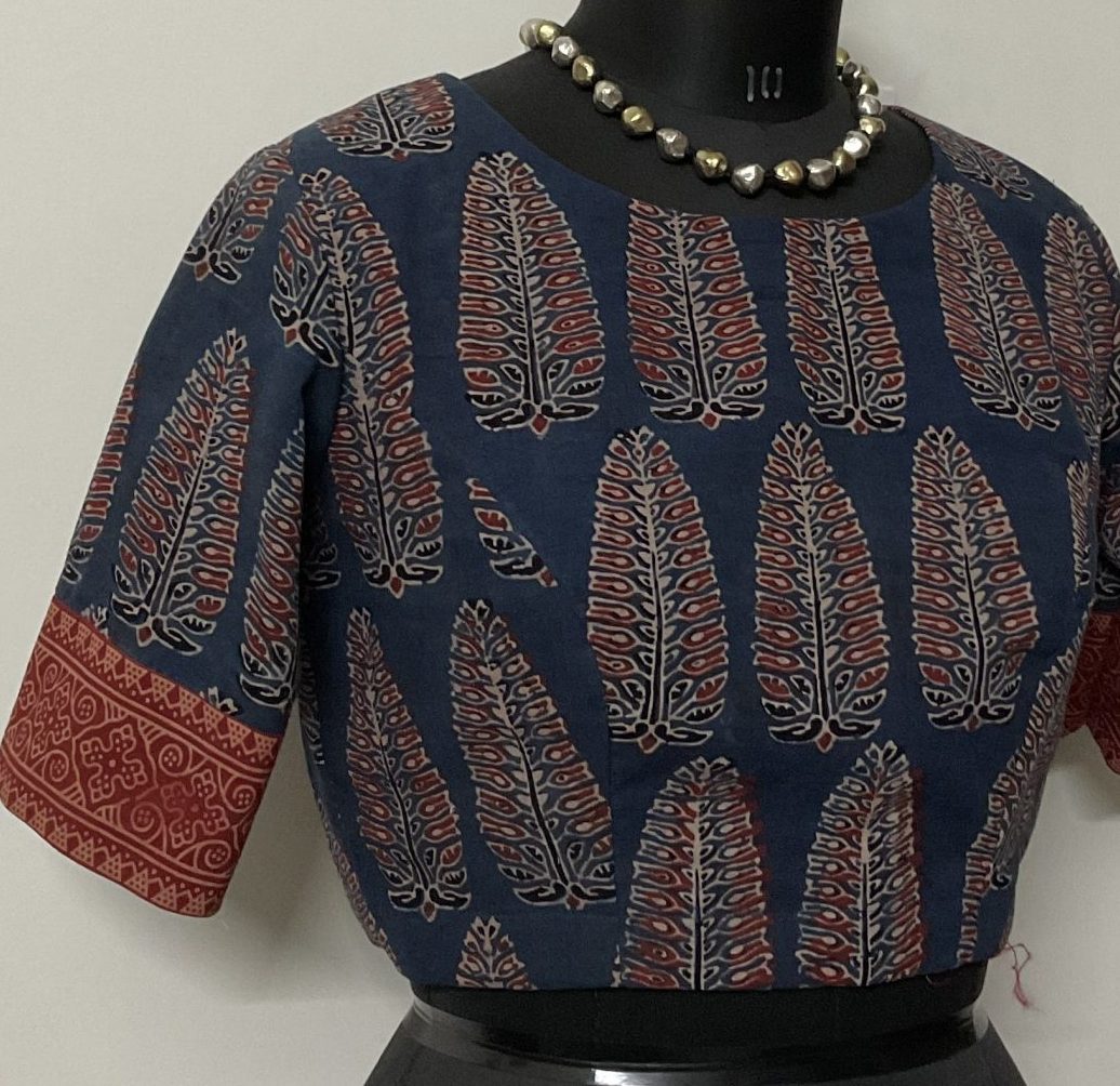 indigo long motif ajrakh cotton blouse
