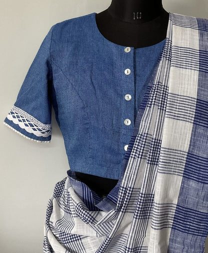 White saree in blue stripes and checks with plain blue blouse combo