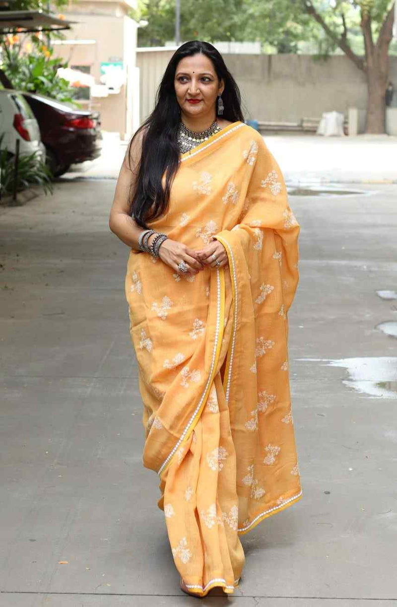 Buy Apricot Yellow Embroidered Linen Saree | Godhuli