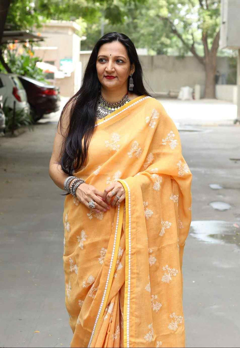 Buy Apricot Yellow Embroidered Linen Saree | Godhuli