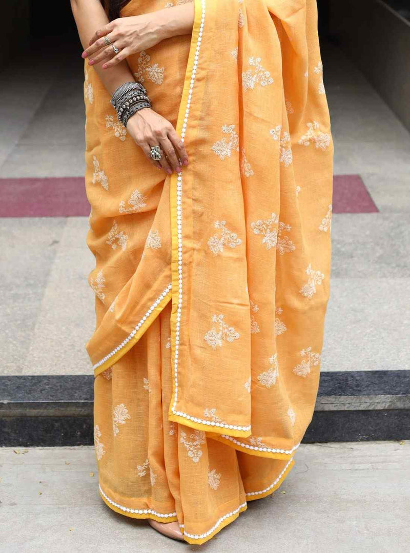 Buy Apricot Yellow Embroidered Linen Saree | Godhuli