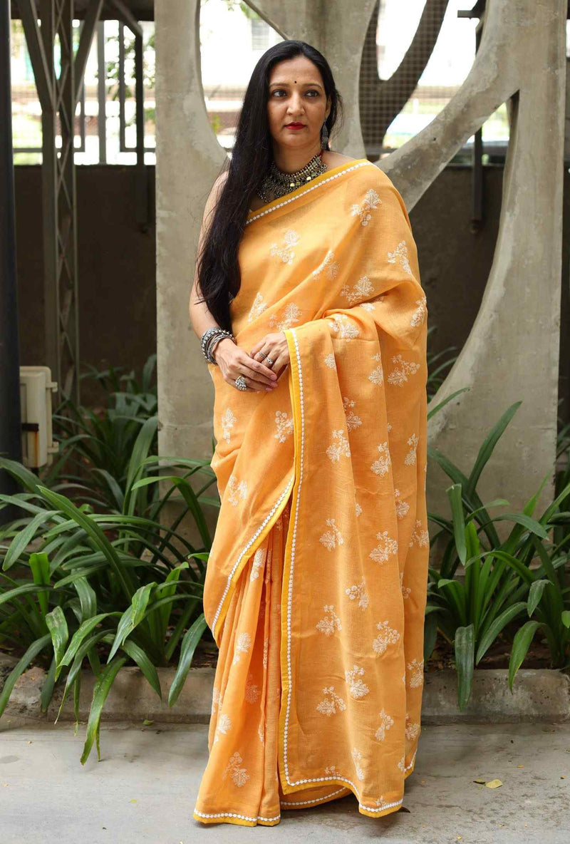 Buy Apricot Yellow Embroidered Linen Saree | Godhuli