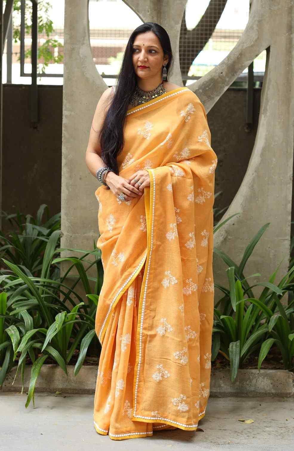 Buy Apricot Yellow Embroidered Linen Saree | Godhuli