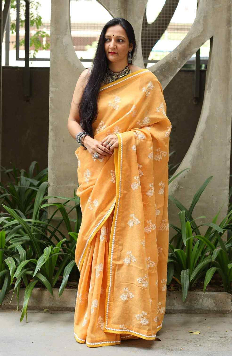 Buy Apricot Yellow Embroidered Linen Saree | Godhuli