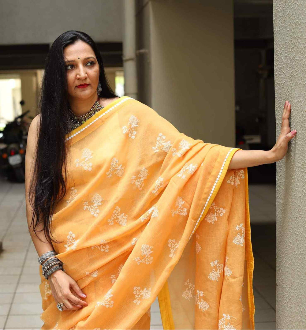 Buy Apricot Yellow Embroidered Linen Saree | Godhuli
