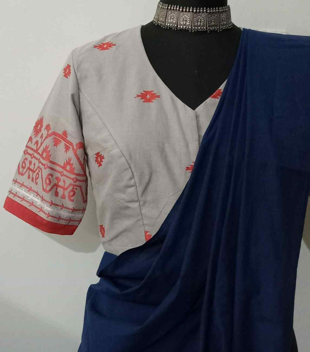 Ash Grey-Rust Orange Jacquard Readymade Blouse | Godhuli