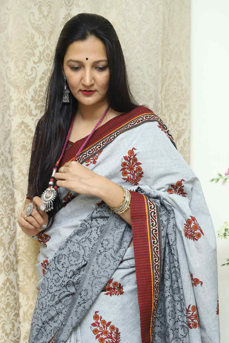Buy Ash Grey Saree with Handblock Print | Godhuli